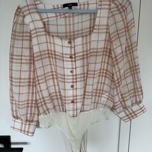 Lulu's Cream Plaid Puff Sleeve Bodysuit